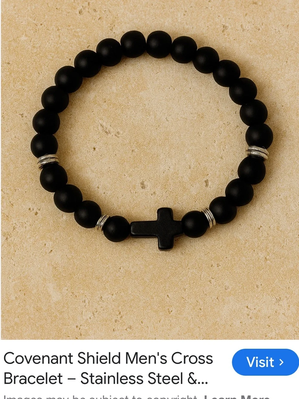 #2644**Matte Black Beaded Cross Stretch Bracelet - Joshua 1:9 Card